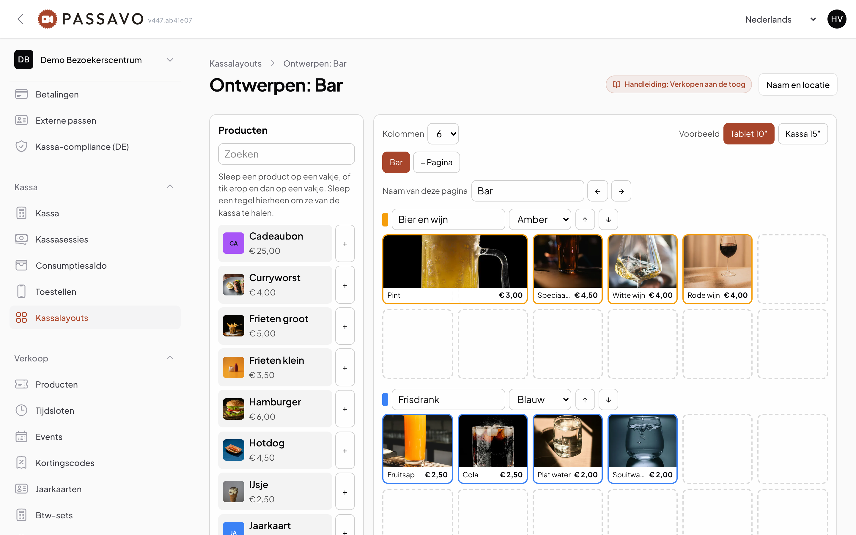 The design screen: the products on the left, the till on the right with tabs and coloured blocks