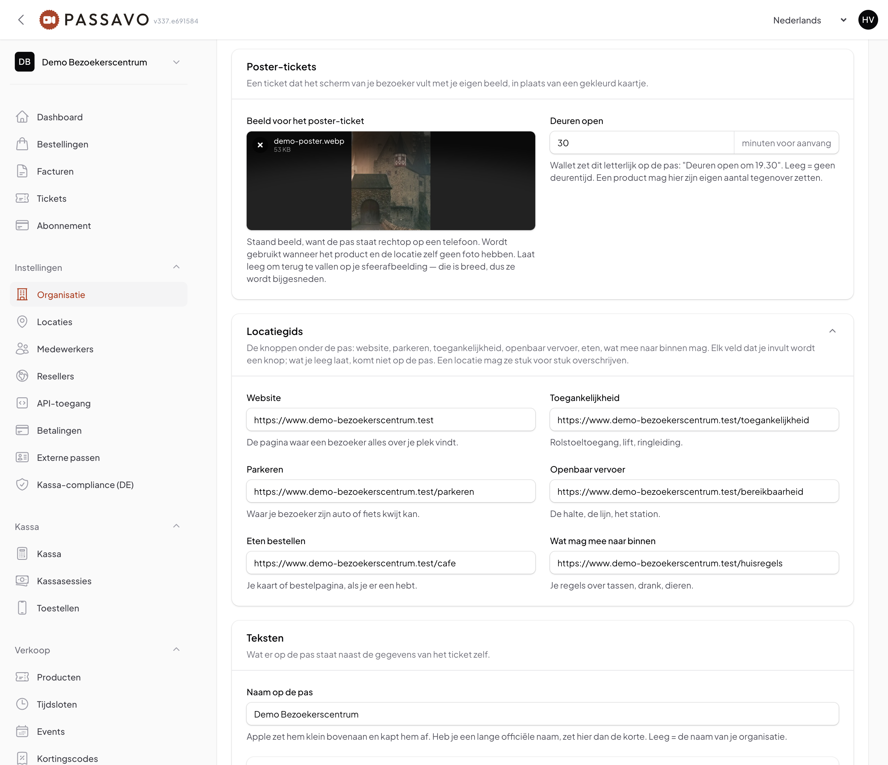 The Poster tickets and Venue guide sections under Settings → Organisation