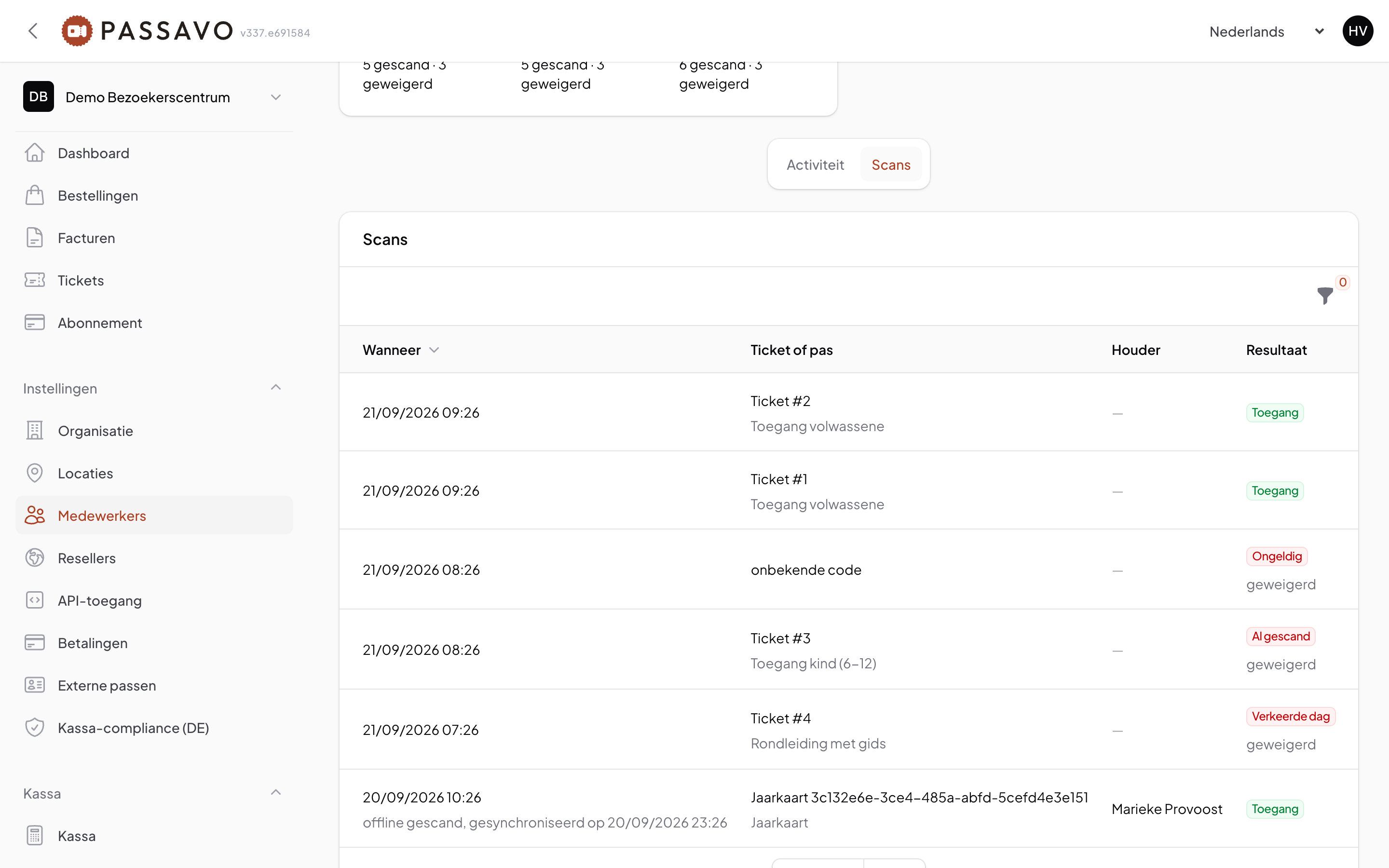 The Scans tab on the detail page of a staff member: every scan attempt, refusals included