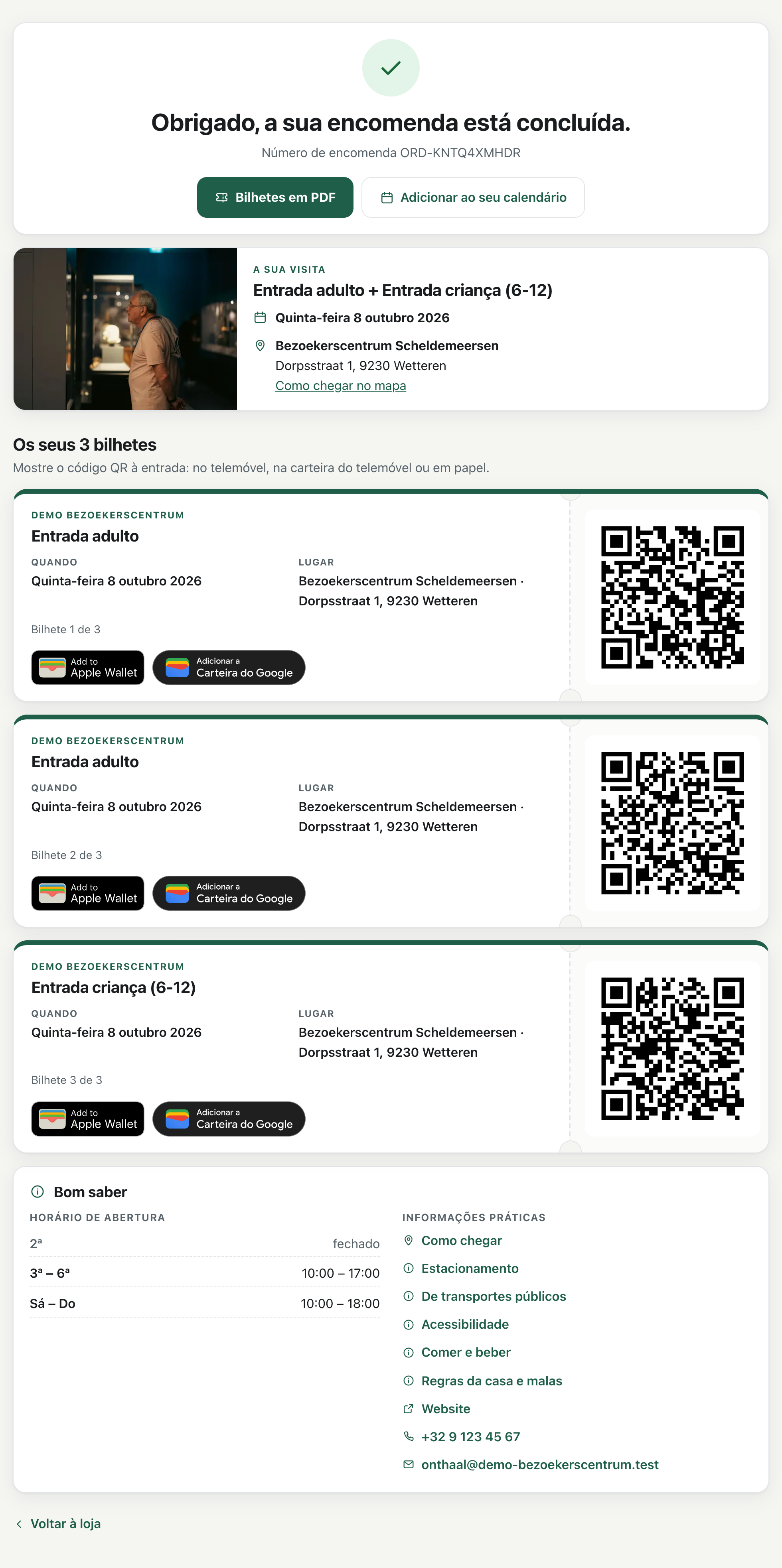 A página de confirmação com dois botões Wallet por bilhete
