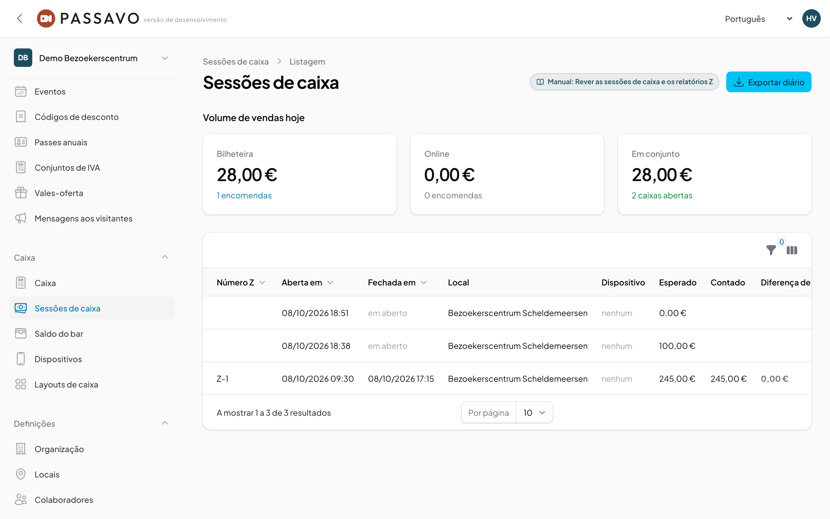 A lista das sessões de caixa, com o volume de vendas de hoje