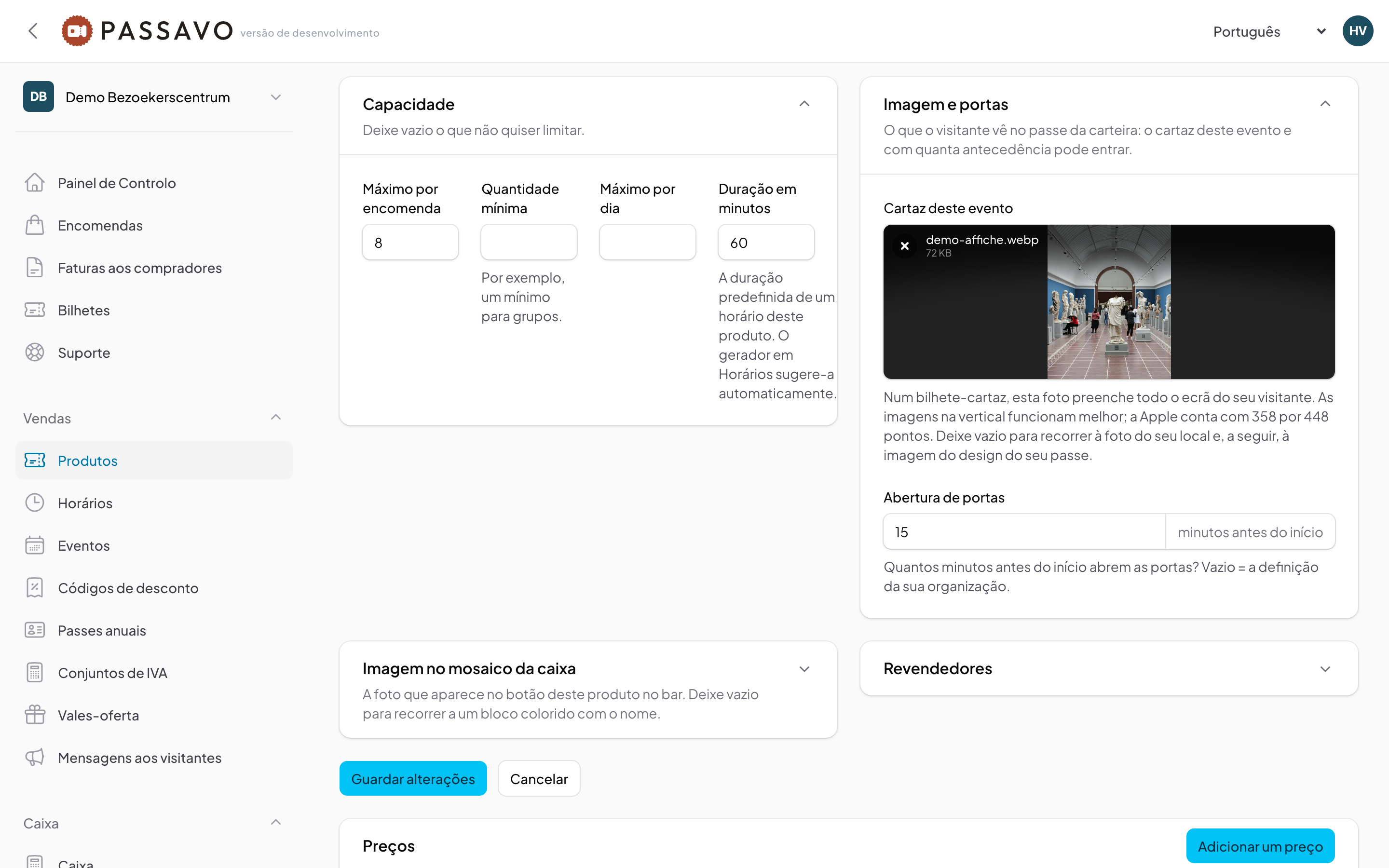 A secção Imagem e abertura de portas no ecrã de edição de um produto