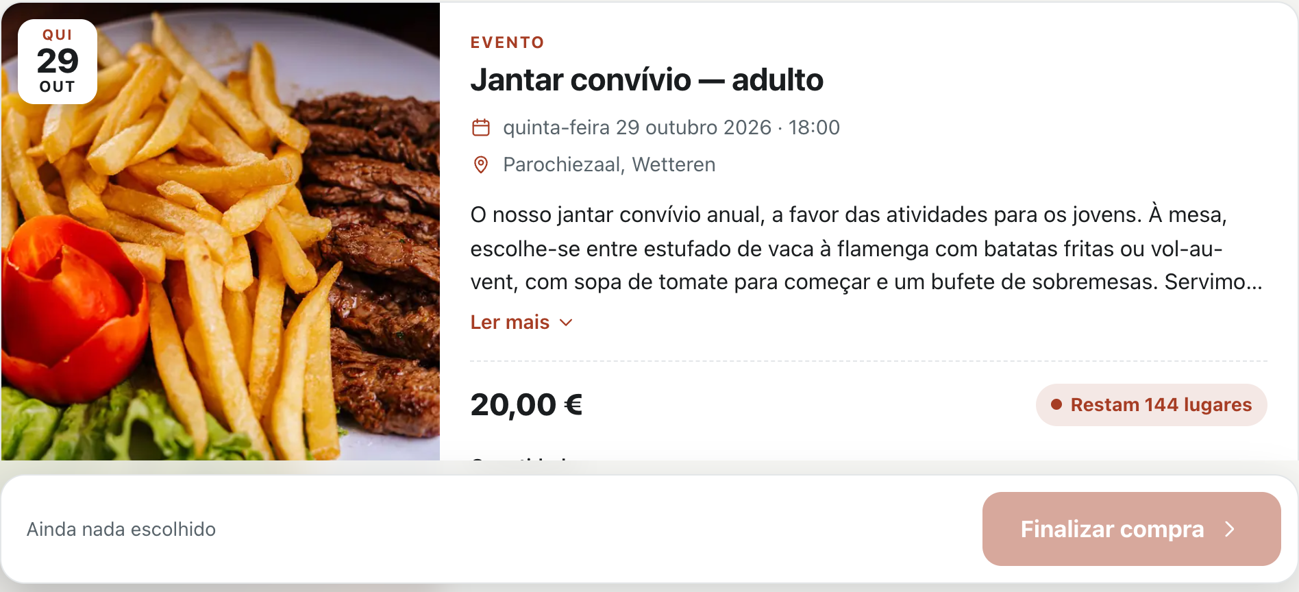 Um jantar com os seus tipos de bilhete uns por baixo dos outros na bilheteira online