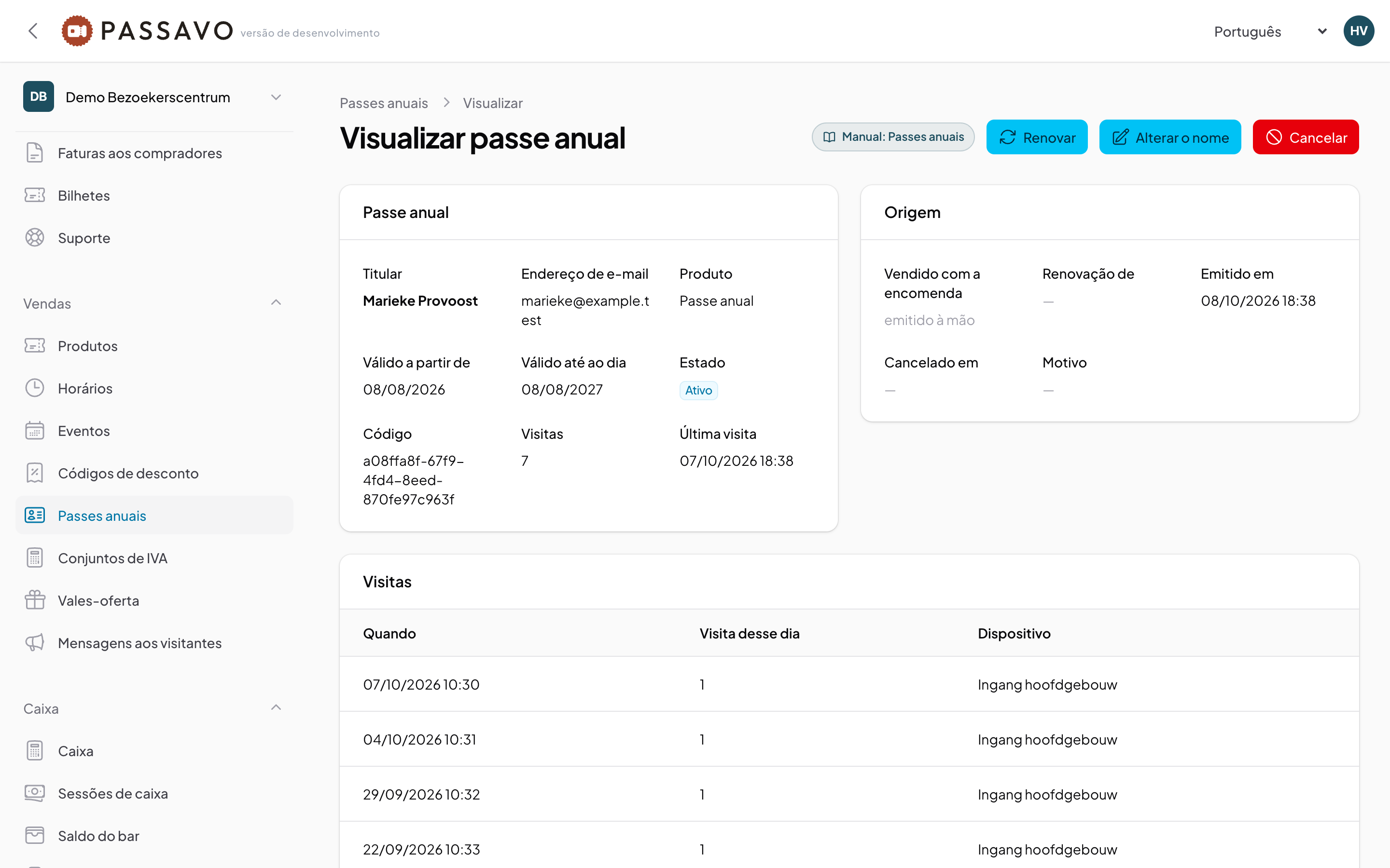 Um passe anual com o seu período, o contador de visitas e a lista de visitas
