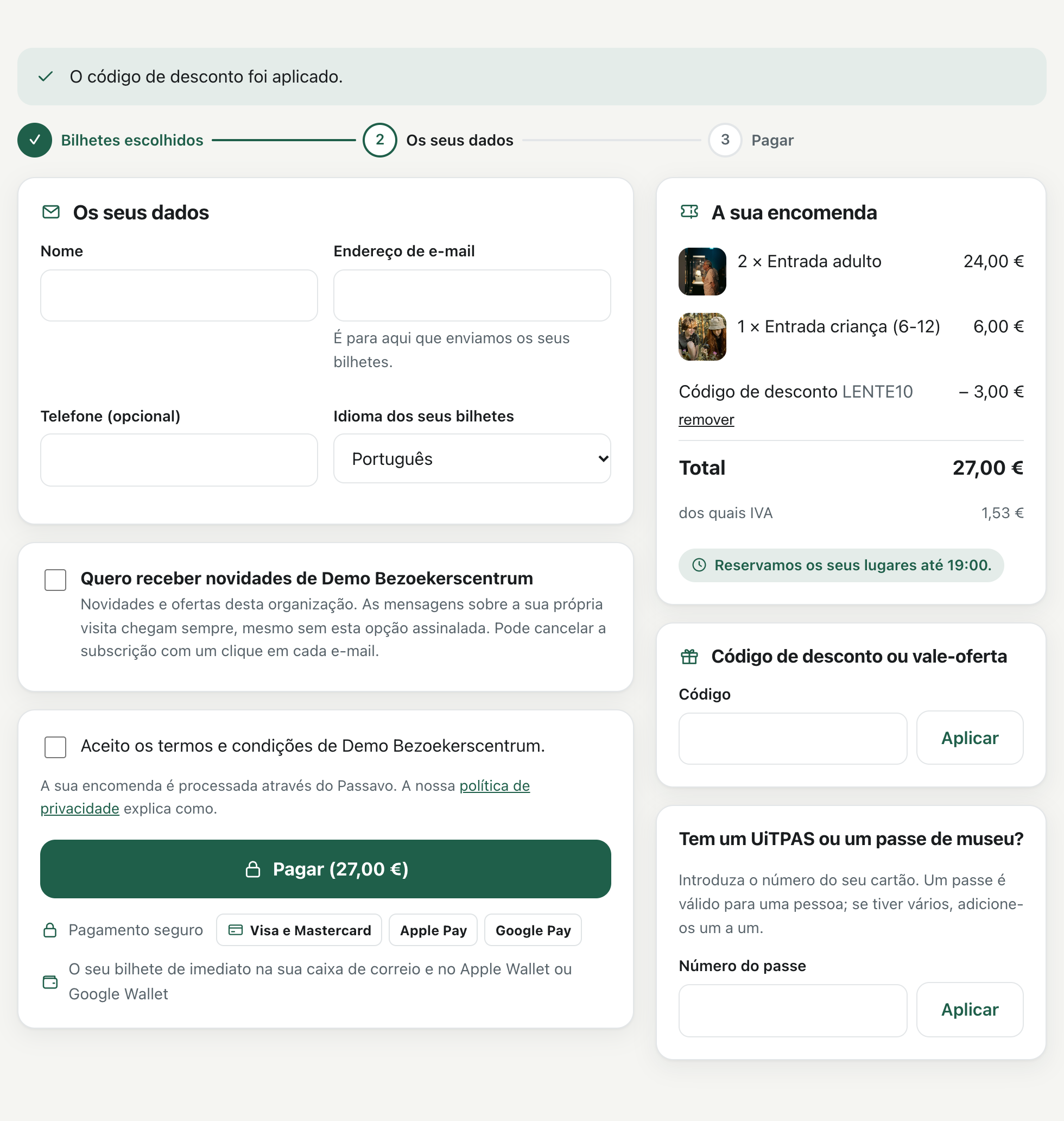 A página de pagamento com um código de desconto aplicado e o montante descontado