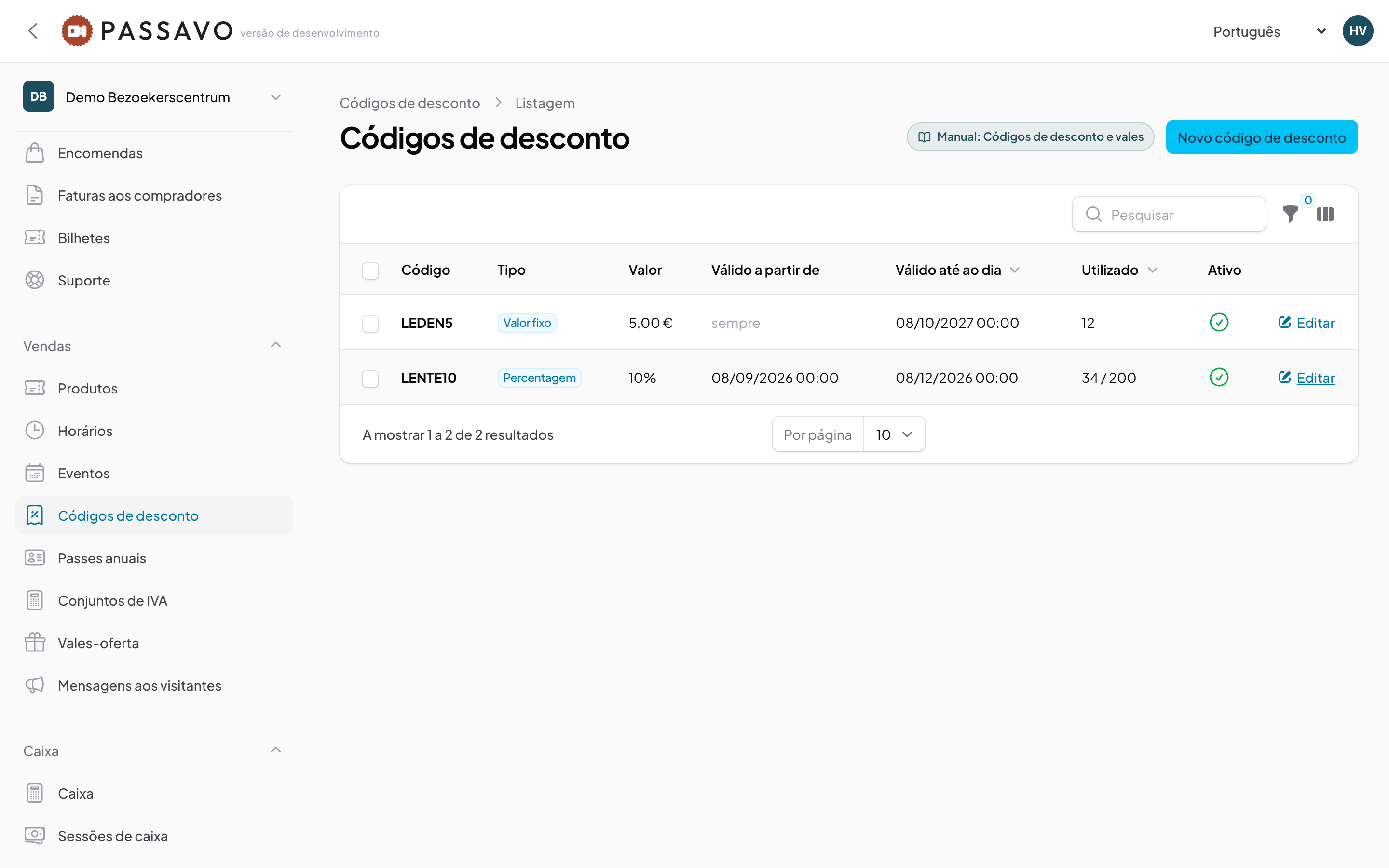 Códigos de desconto e vales