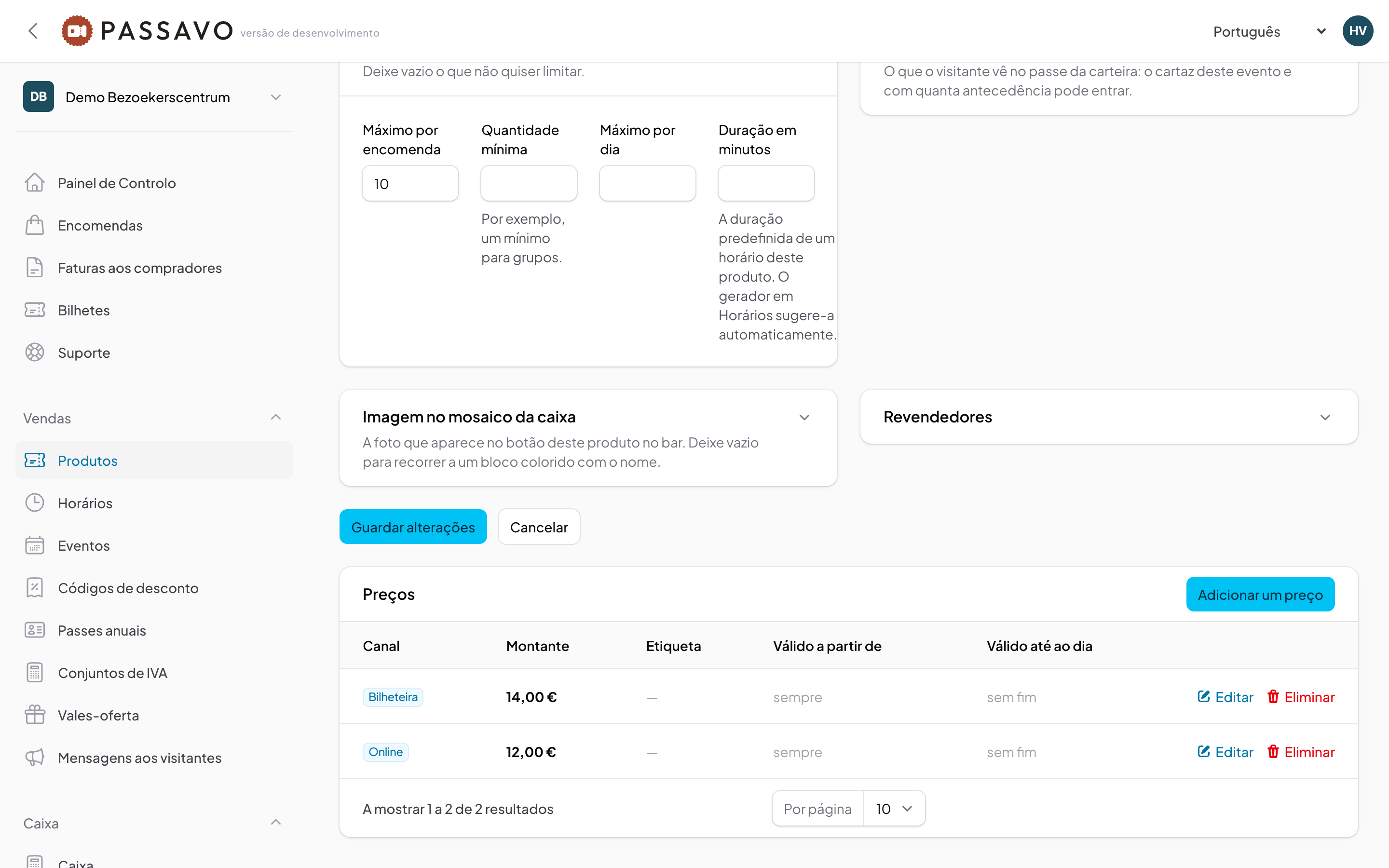 O bloco de preços de um produto, com um preço online e um preço para a bilheteira