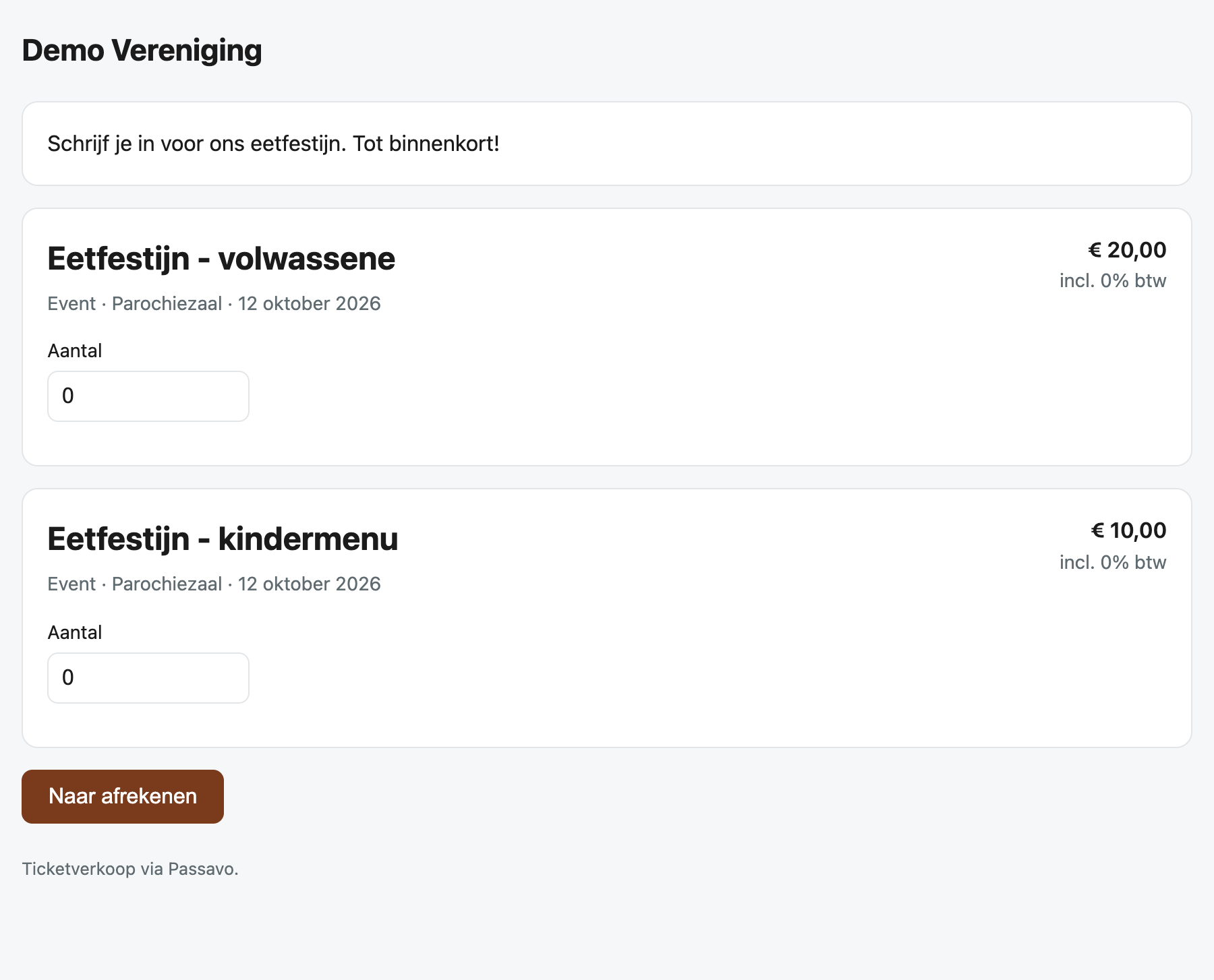 A dinner evening with its ticket types below one another in the ticket shop