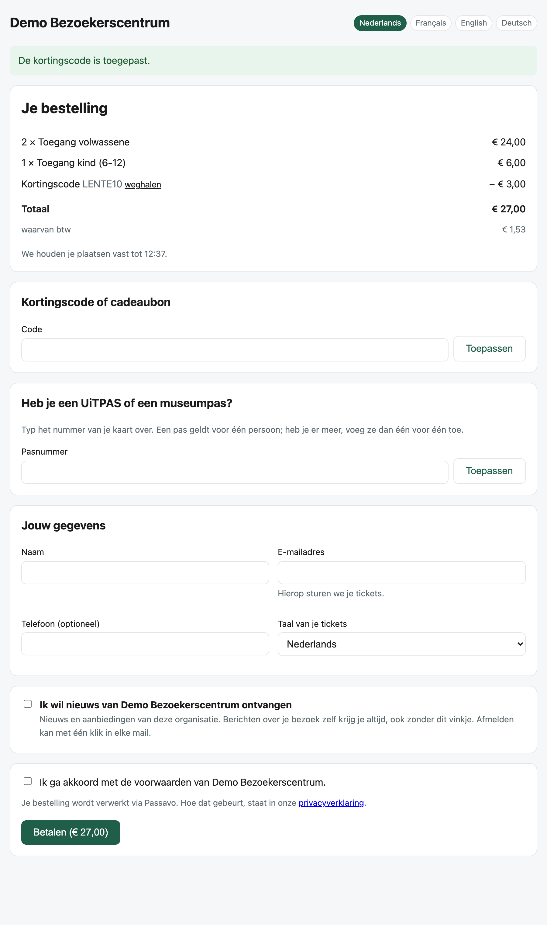 The checkout page with a discount code applied and the amount that comes off