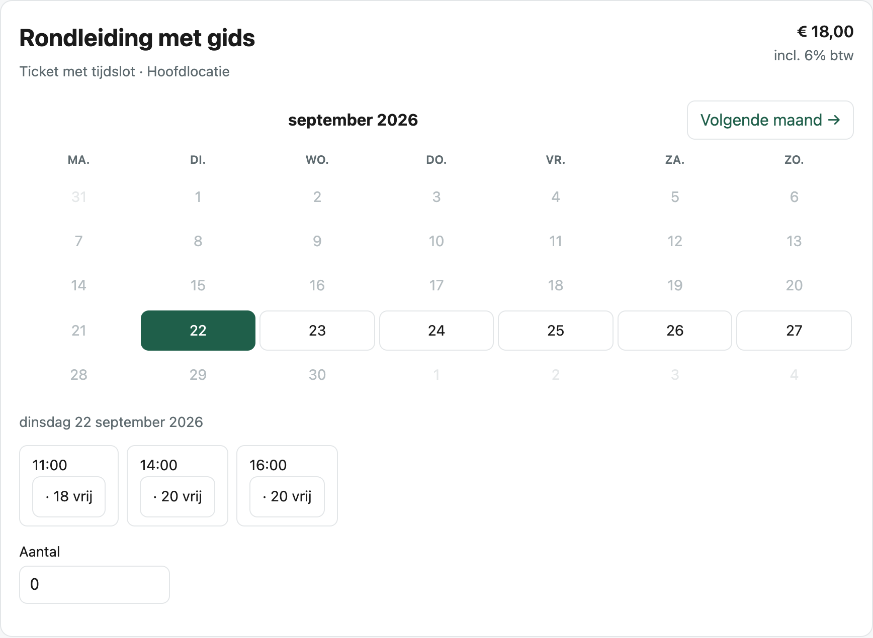 A visitor first chooses a day in the calendar and then an hour, with the number of free seats next to it