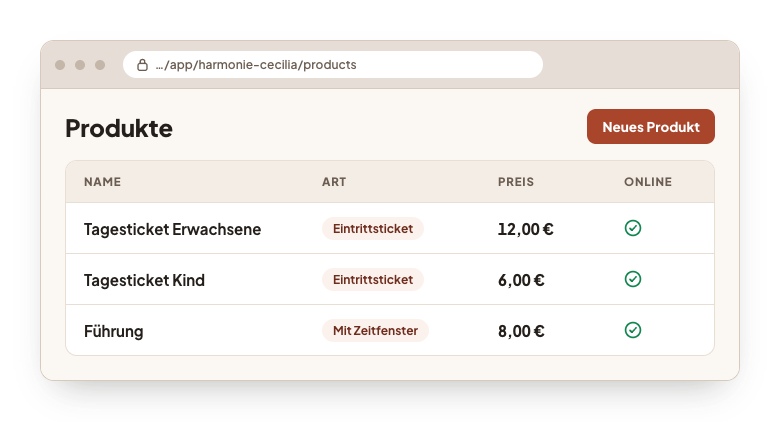Die Produktverwaltung im Backoffice: drei Produkte mit ihrer Art, ihrem Preis und einem Haken, der zeigt, dass sie online stehen.