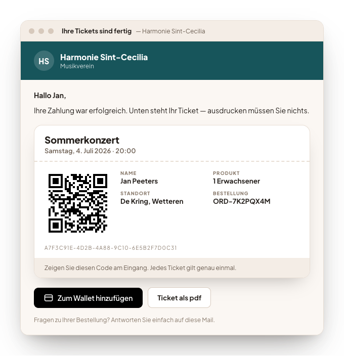 Die Bestätigungsmail mit dem E-Ticket: der QR-Code, die Angaben zum Besuch und eine Schaltfläche, um das Ticket ins Wallet zu legen.