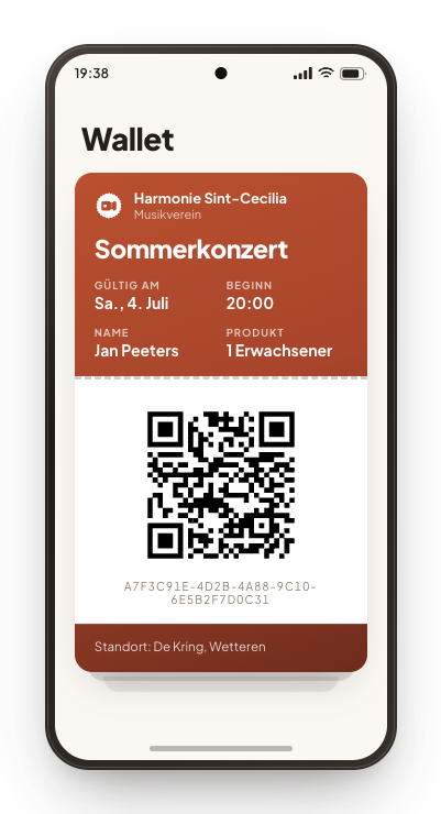 Derselbe Wallet-Pass auf einem Android-Telefon, mit dem QR-Code unten.