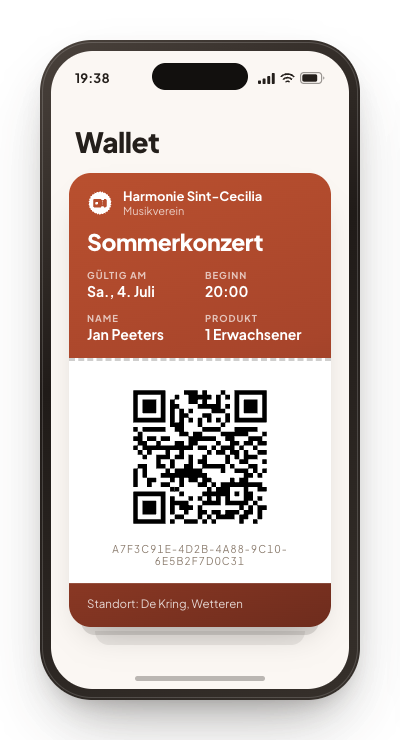 Ein Telefon mit einem Ticket im Wallet: der Name der Veranstaltung, das Datum, eine erwachsene Person und ein QR-Code.
