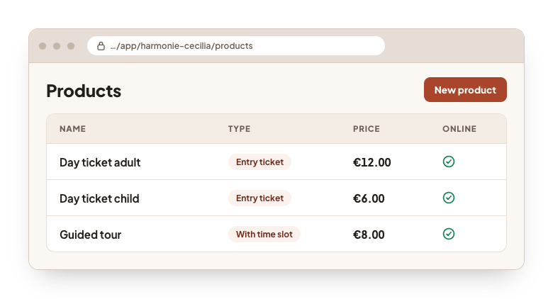 The product screen in the back office: three products with their type, their price and a tick showing they are online.