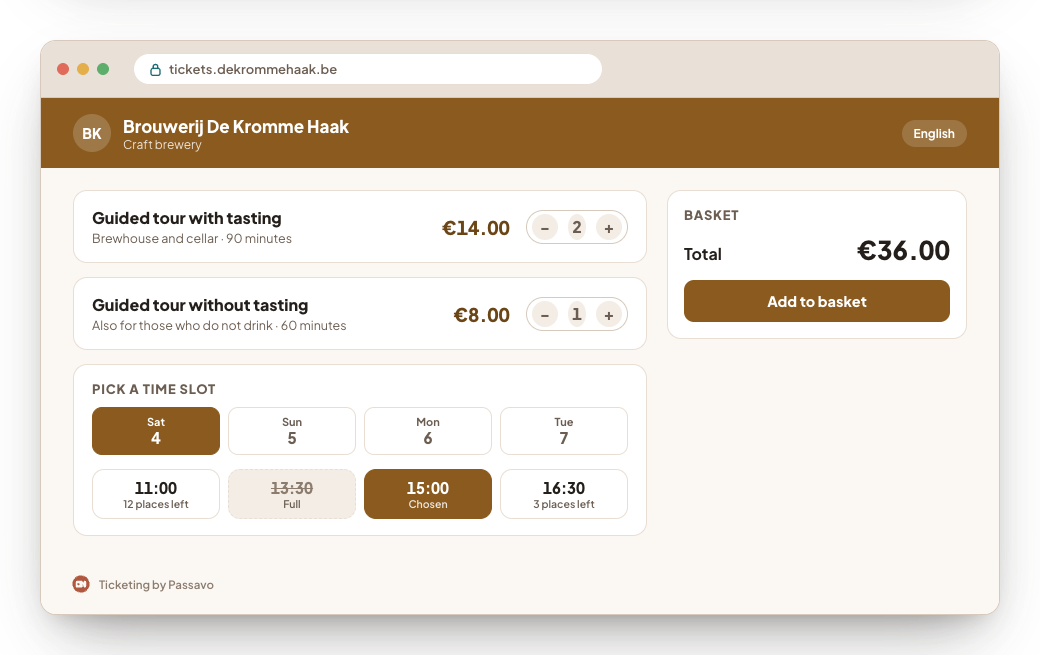 A browser window on the organisation's own ticket address with a padlock: the ticket shop full width, in the brewery's colours and logo.