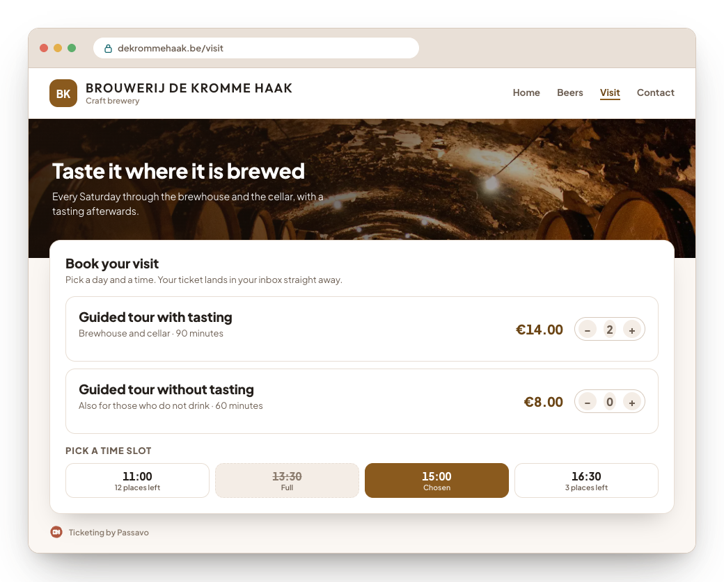 A browser window showing a brewery website: the menu, a mood photo with a heading, and below it the embedded ticket shop with two guided tours and a choice of time slots.