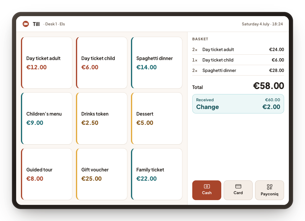 The front desk till on a tablet: large buttons per ticket, the basket beside them and a choice between cash, card and Bancontact Pay.