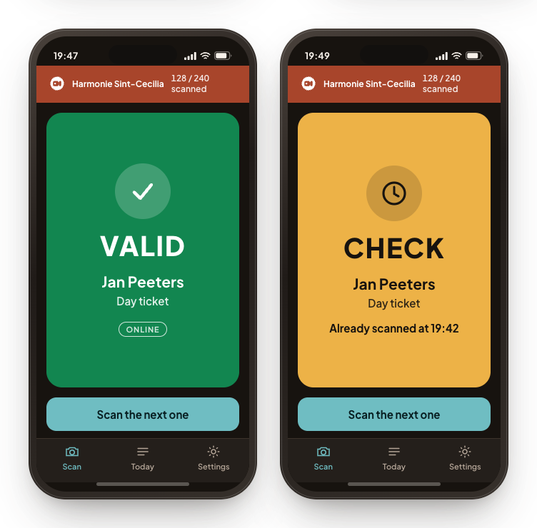 Two phones running the scanning app: a valid ticket on the left, an already scanned ticket on the right.