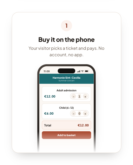 A phone with the ticket shop: the visitor picks a ticket and pays.