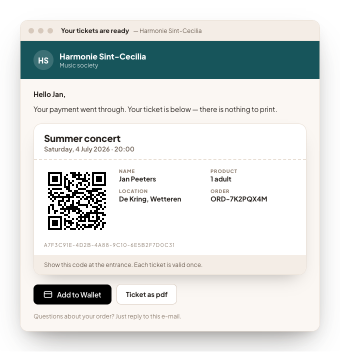 The confirmation e-mail with the e-ticket: the QR code, the details of the visit and a button to add the ticket to the wallet.