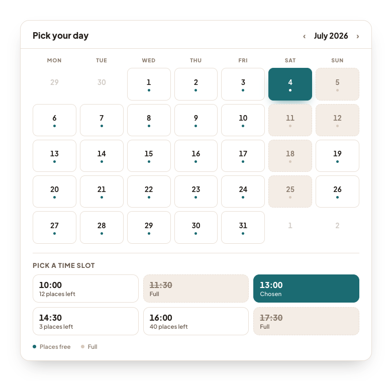 The time slot picker: a month calendar with a chosen day, and below it that day's times with places left, one full time and the chosen time.