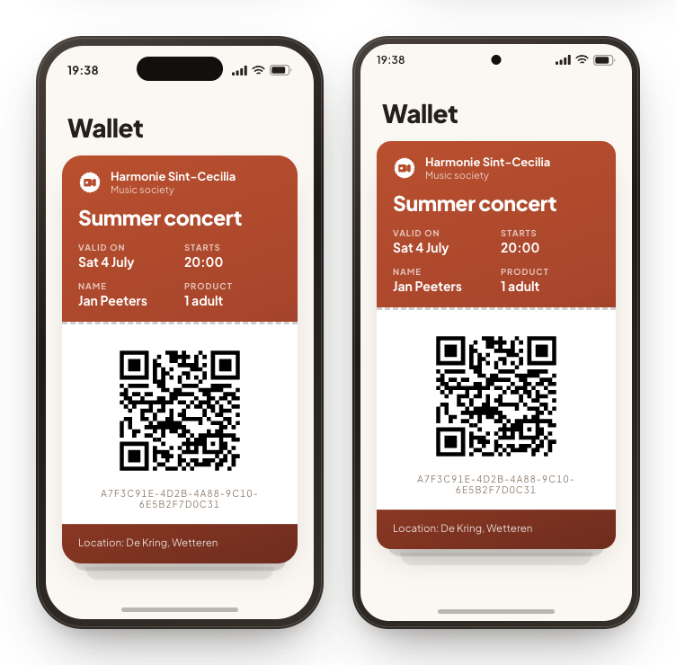 Two phones side by side with the same ticket in the wallet.