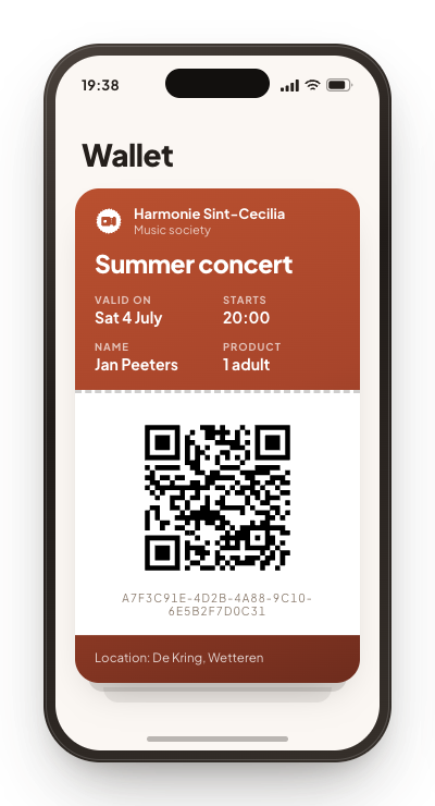 A phone with a ticket in the wallet: the name of the event, the date, one adult and a QR code.