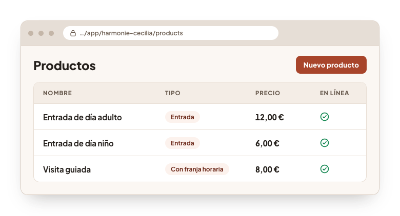 La gestión de productos en el panel de administración: tres productos con su tipo, su precio y una marca que indica que están en línea.