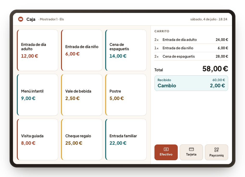 La caja del mostrador en una tableta: botones grandes por entrada, el carrito al lado y la elección entre efectivo, tarjeta y Bancontact Pay.