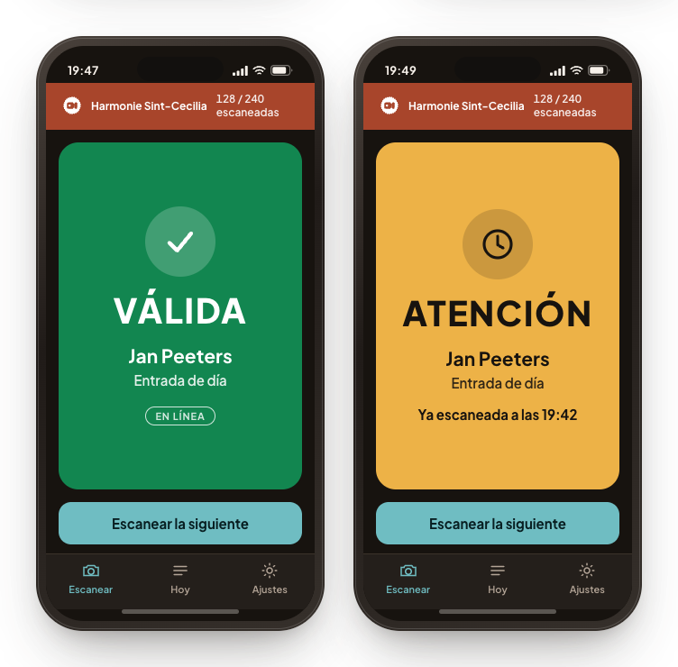 Dos teléfonos con la aplicación de escaneo: a la izquierda una entrada válida, a la derecha una ya escaneada.