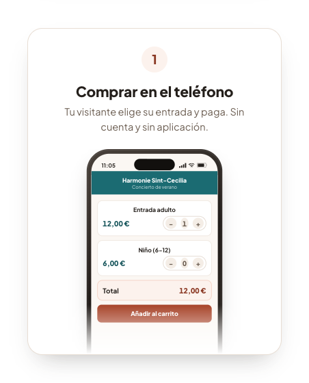 Un teléfono con la tienda de entradas: el visitante elige su entrada y paga.