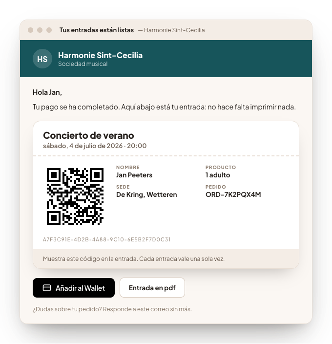 El correo de confirmación con la entrada electrónica: el código QR, los datos de la visita y un botón para guardar la entrada en el wallet.