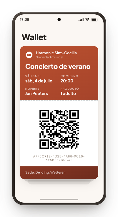 El mismo pase en el wallet de un teléfono Android, con el código QR abajo.