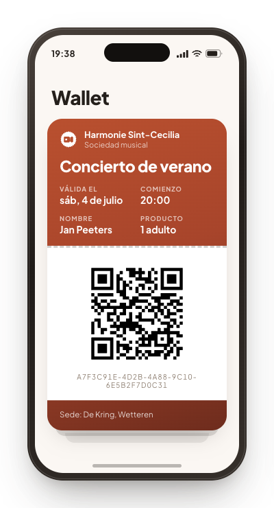 Un teléfono con una entrada en el wallet: el nombre del evento, la fecha, un adulto y un código QR.