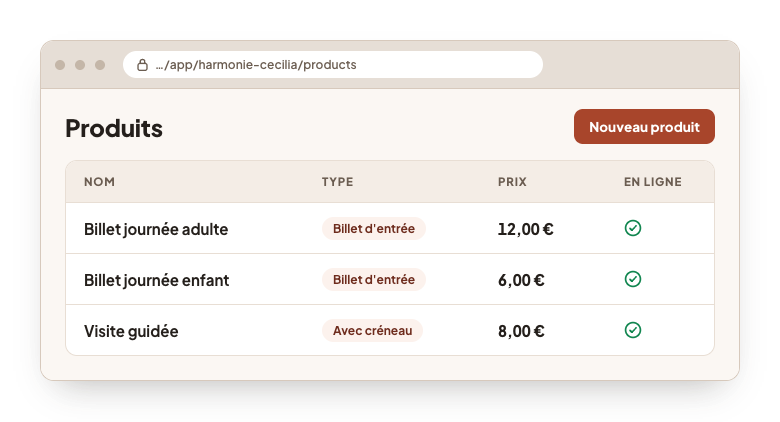 La gestion des produits dans l'espace d'administration : trois produits avec leur type, leur prix et une coche indiquant qu'ils sont en ligne.