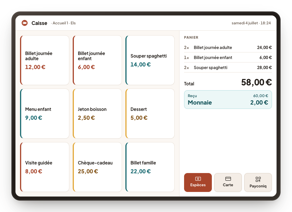 La caisse d'accueil sur tablette : de grands boutons par billet, le panier à côté et le choix entre espèces, carte et Bancontact Pay.