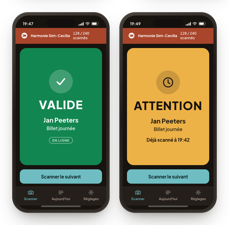 Deux téléphones avec l'application de scan : à gauche un billet valide, à droite un billet déjà scanné.