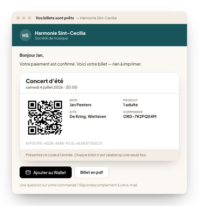 L'e-mail de confirmation avec le billet électronique : le code QR, les détails de la visite et un bouton pour mettre le billet dans le wallet.