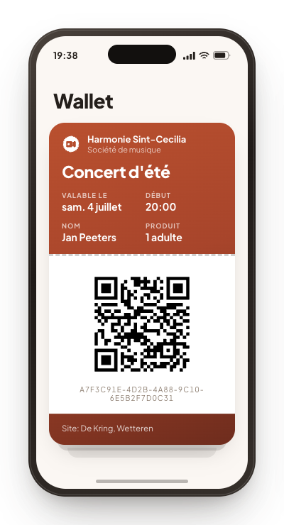 Un téléphone avec un billet dans le wallet : le nom de l'événement, la date, un adulte et un code QR.