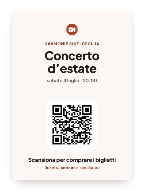 Un manifesto di un concerto con un grande codice QR e l'invito a scansionarlo per comprare i biglietti.