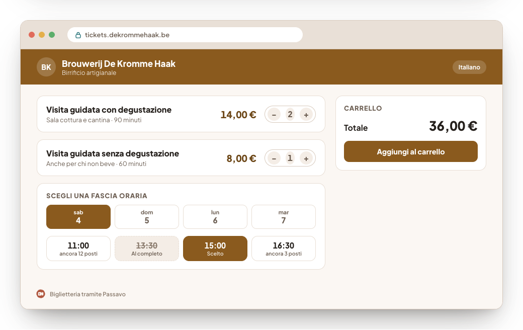 Una finestra del browser su un indirizzo di biglietteria proprio, con lucchetto: la biglietteria a tutta pagina, nei colori e con il logo del birrificio.