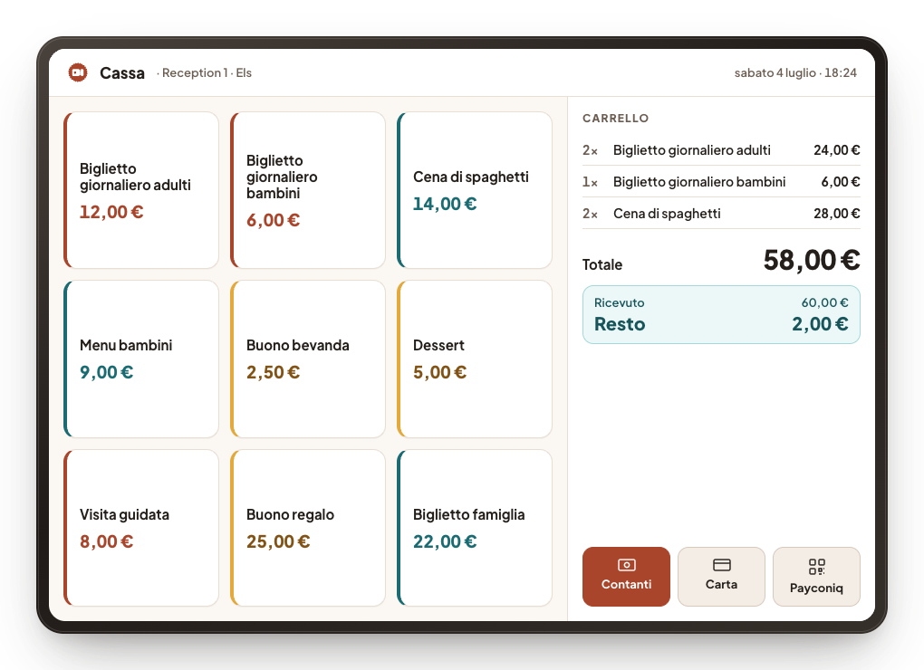 La cassa alla reception su tablet: pulsanti grandi per ogni biglietto, il carrello accanto e la scelta tra contanti, carta e Bancontact Pay.