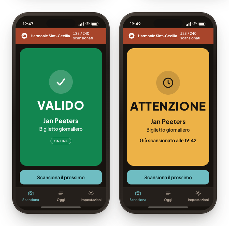 Due telefoni con l'app di scansione: a sinistra un biglietto valido, a destra uno già scansionato.