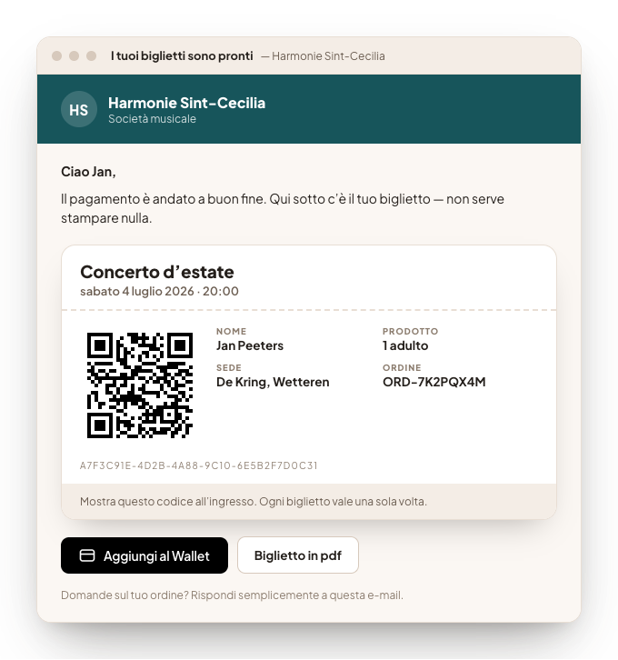 L'e-mail di conferma con il biglietto elettronico: il codice QR, i dati della visita e un pulsante per mettere il biglietto nel wallet.