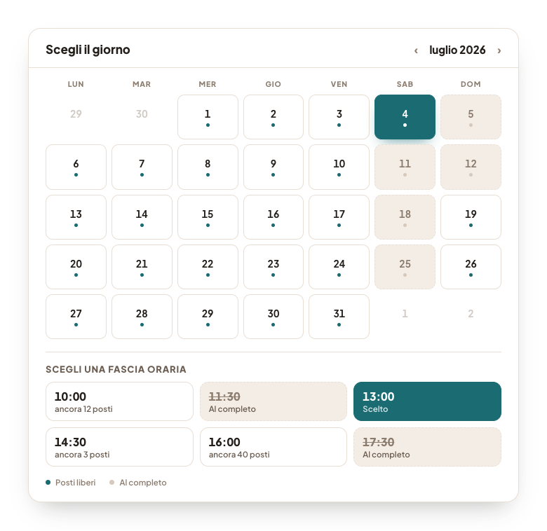 Il selettore di fasce orarie: un calendario mensile con un giorno scelto e sotto gli orari di quel giorno con posti liberi, un orario al completo e quello scelto.