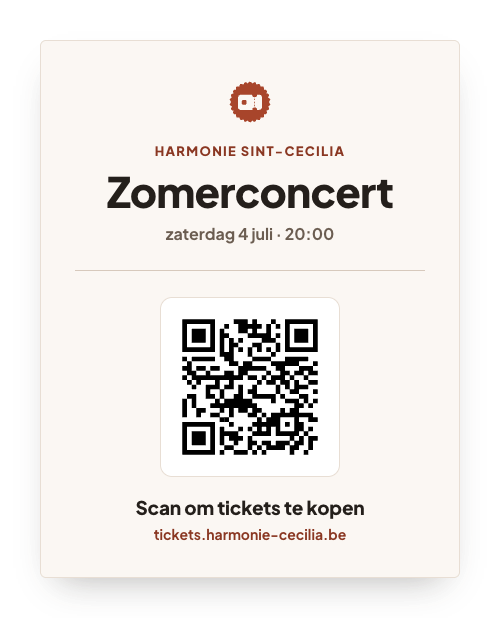 Een affiche voor een concert met een grote QR-code en de oproep om te scannen en tickets te kopen.