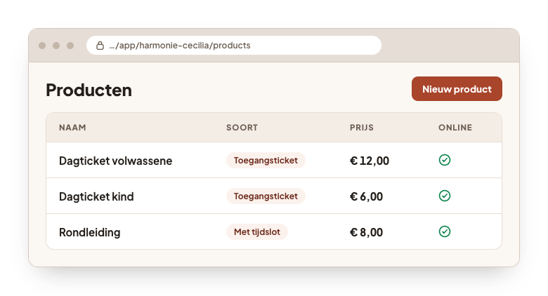 Het productenbeheer in de backoffice: drie producten met hun soort, hun prijs en een vinkje dat ze online staan.