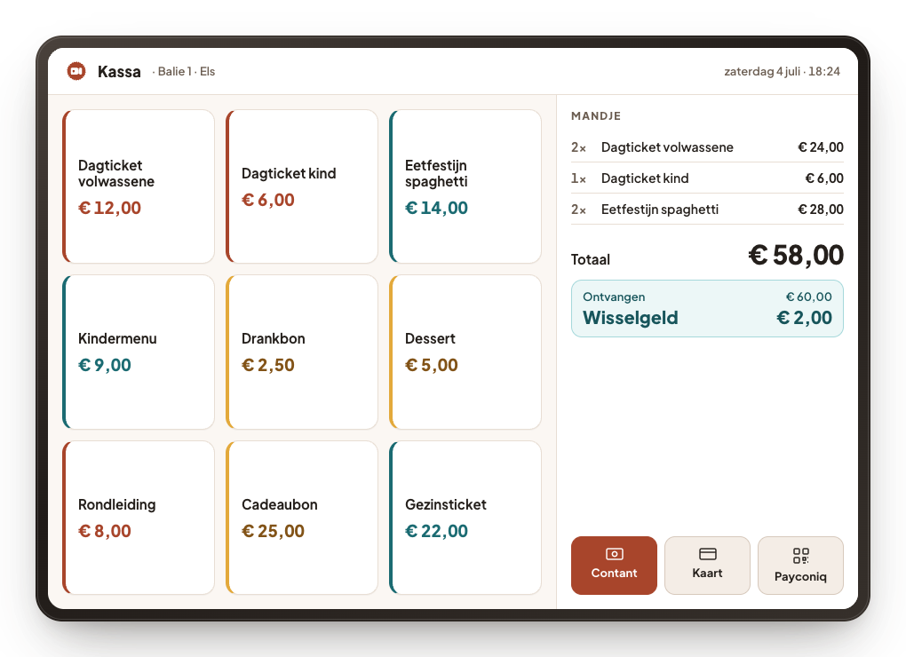 De balie-kassa op een tablet: grote knoppen per ticket, het mandje ernaast en de keuze tussen contant, kaart en Bancontact Pay.
