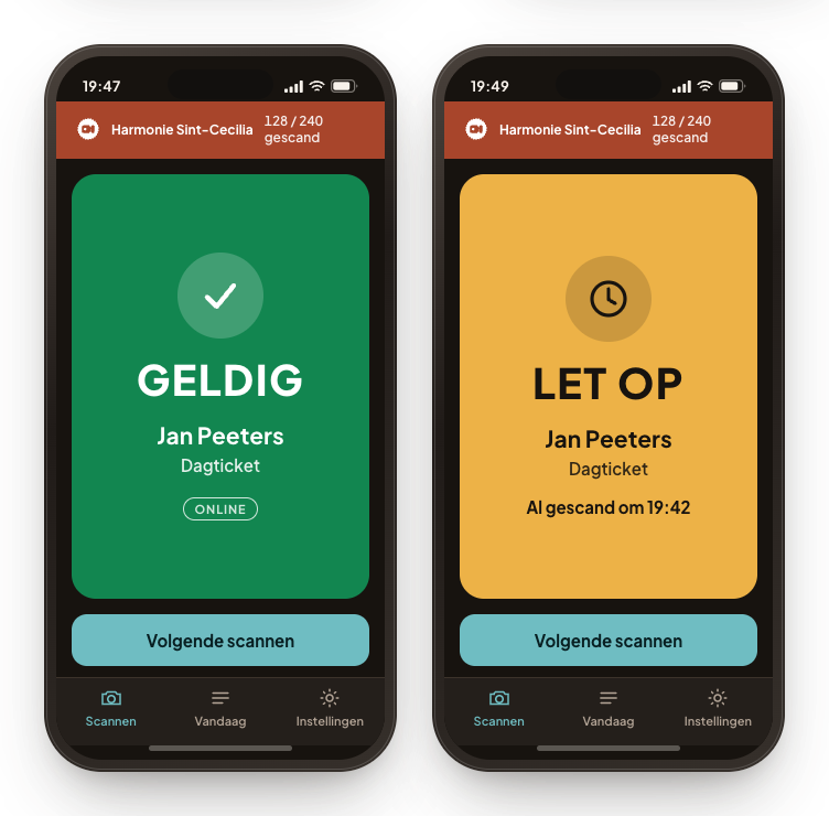 Twee telefoons met de scan-app: links een geldig ticket, rechts een ticket dat al gescand werd.